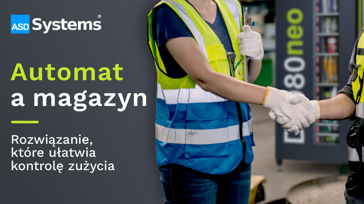 Pracownicy w kamizelkach ochronnych podają sobie dłonie przy automacie wydającym ASD Systems D1080neo w magazynie przemysłowym