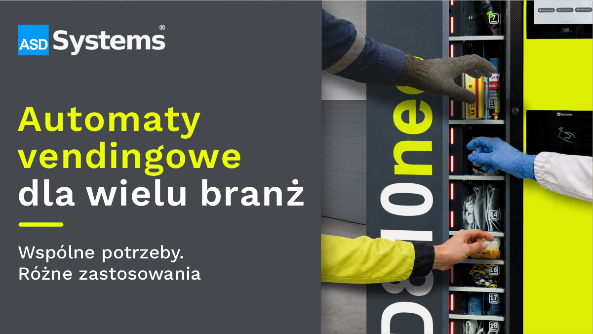Ręce pracowników różnych branż pobierających produkty z automatu wydającego ASD Systems.
